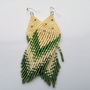 Ivory and green Fringe earrings, Handbeaded